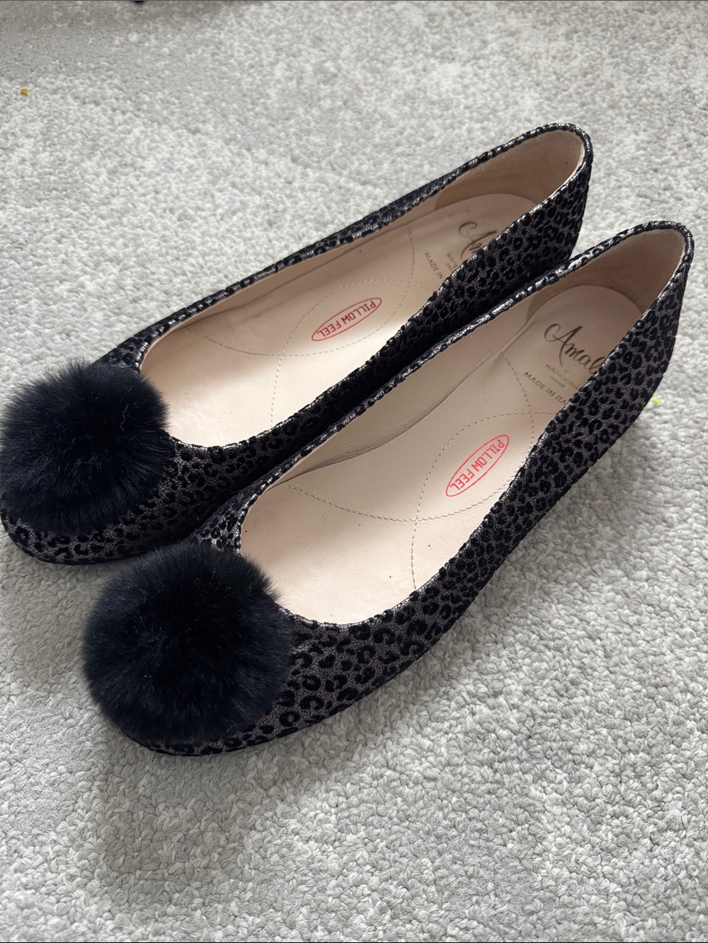 Amalfi Metallic Leopard Print Flats with Black Pom Pom